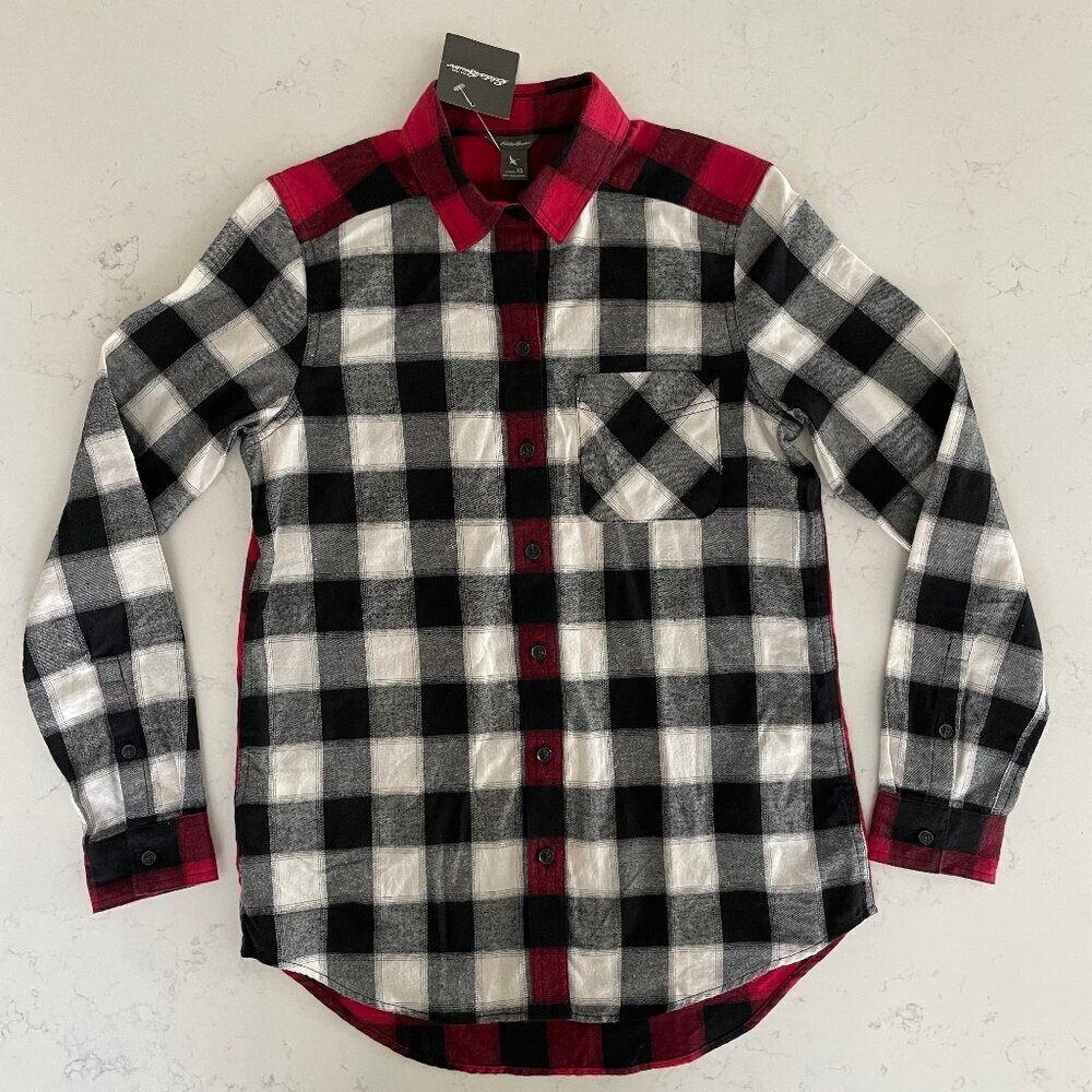 Eddie Bauer WR Stine's Mixed BF Flannel LS Button Down Shirt Blk Wht Red XS NWT